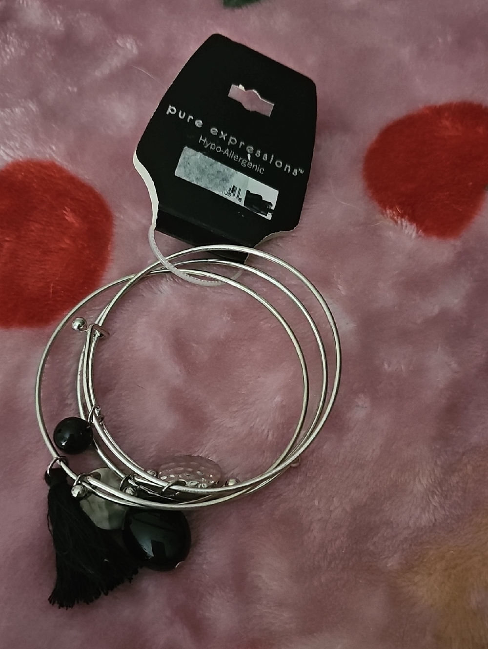Expressions Silver-Tone Bracelet Set with Black Beads & Tassel